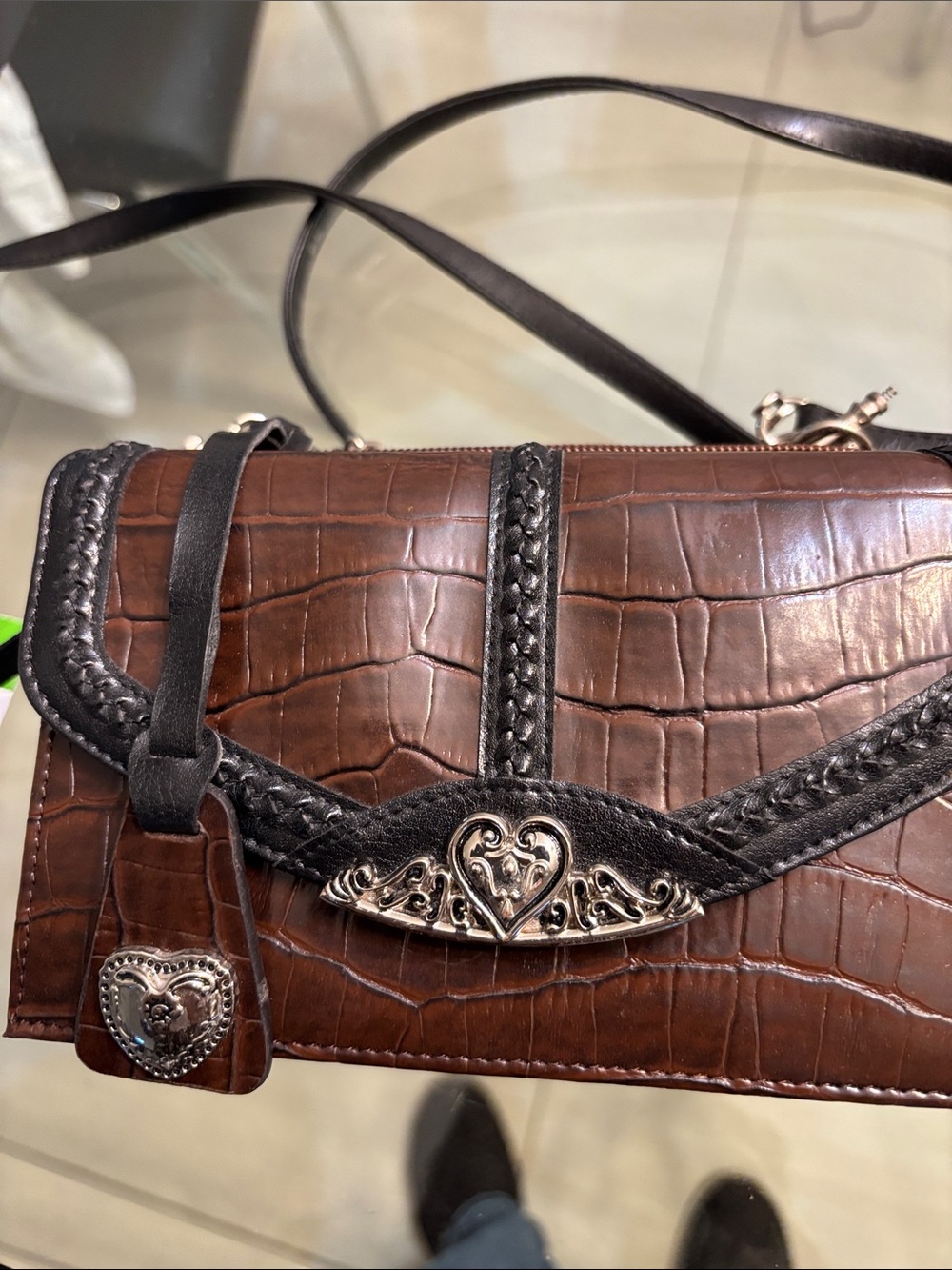 Brighton Brown Croc-Embossed Crossbody with Black Trim and Silver Heart Accent